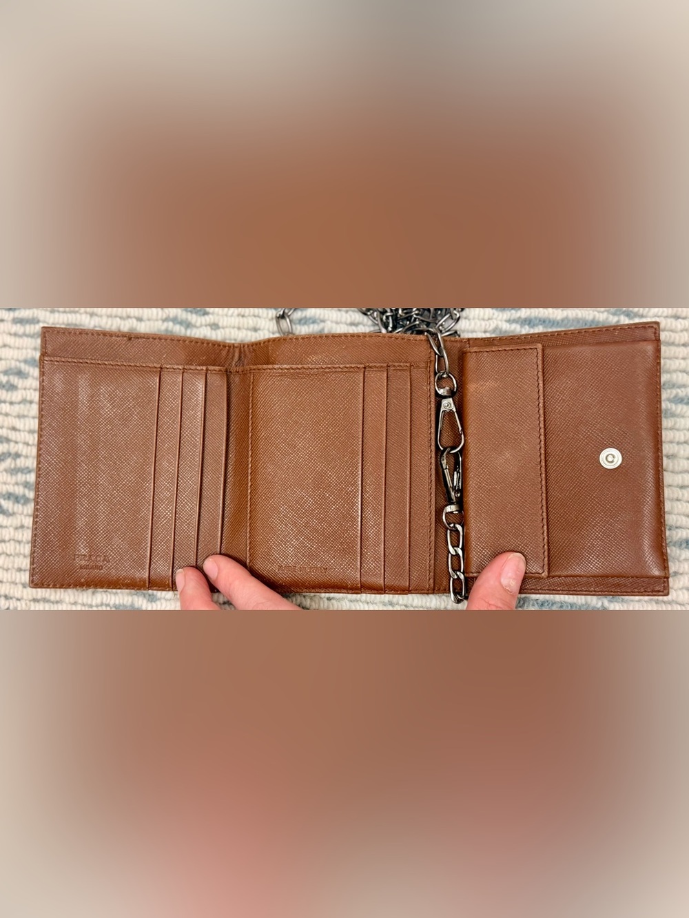 PRADA Vintage Y2K Chic Minimalist Brown Tessuto Nylon Trifold Wallet W/ Chain - Picture 12 of 16